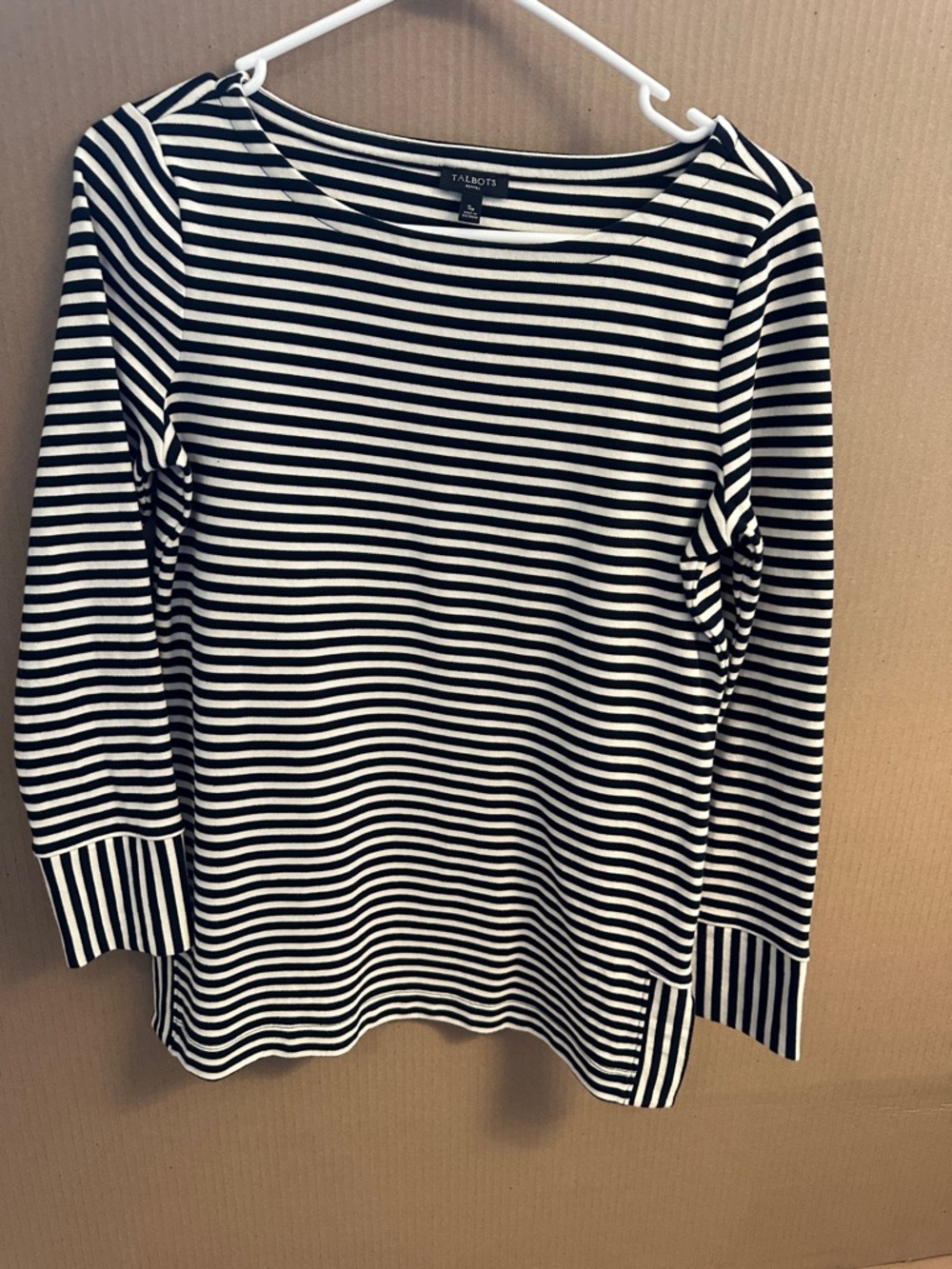 Talbots Navy and White Striped Boatneck Long Sleeve Top